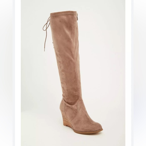 Torrid Faux Suede Lace-Up Back Wedge Boots – Tan Beige – Size 8 Wide calf - Picture 1 of 9